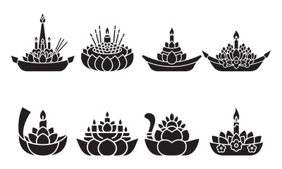 Collection of Thai Loy Krathong Festival Floating Basket Icons, Traditional Lotus Shaped Vessels with Candles for Thailand Cultural Celebration