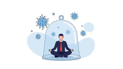 Businessman in a suit meditates in a lotus pose inside a glass dome, staying calm and protected from surrounding coronavirus.