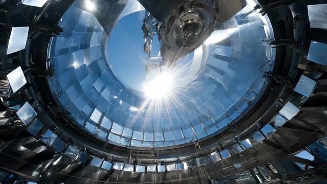 Medium shot of a concentrated solar furnace focusing sunlight through lenses to generate intense heat for industrial material processing
