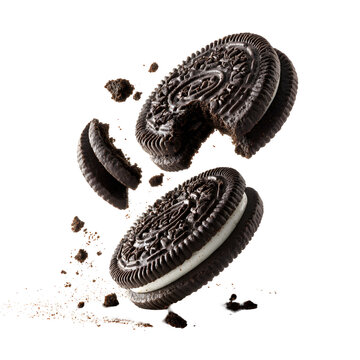  flying Oreo cookies with crumbs isolated on transparent white background