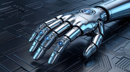 Gleaming chrome exoskeleton robotic hand with intricate joints and blue illuminated details on a textured futuristic background