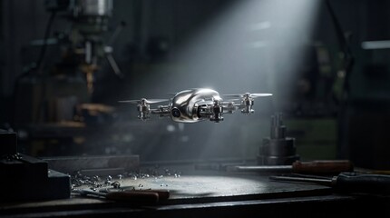 Sleek silver miniature drone suspended in an atmospheric industrial workshop environment, showcasing advanced aerial technology.