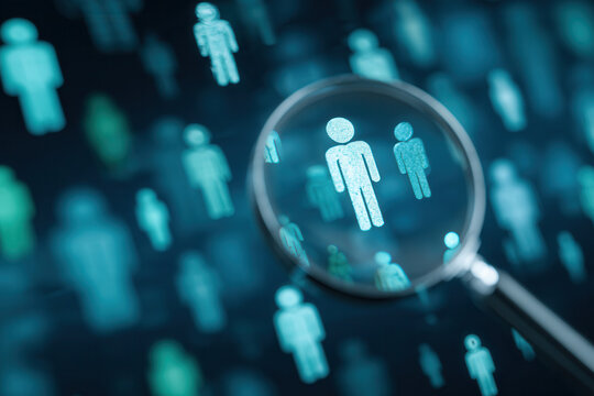 Focus on digital people icons in a network with a magnifying glass showing details of the figures in a dark background - Powered by Adobe