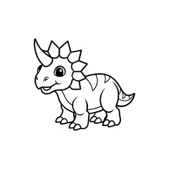 Cute cartoon baby triceratops dinosaur with a single horn and frill, smiling, black and white outline drawing for coloring. © davis