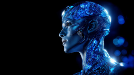 Futuristic android profile with blue metallic tones and intricate cybernetic details, artificial intelligence portrait, faceless, with copy space