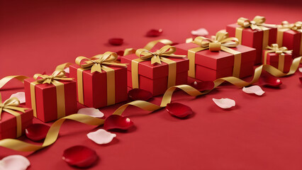 A beautiful arrangement of vibrant red gift boxes adorned with golden ribbons resting upon a rich red surface scattered with rose petals.