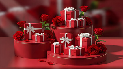 Collection of vibrant red gift boxes adorned with crisp white ribbons sitting amongst deep red roses displayed on circular pedestals creating a romantic scene