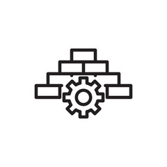 Industrial machine foundation icon featuring a structural block hierarchy integrated with a central mechanical gear, symbolizing heavy equipment stability and precision engineering vibration dampening