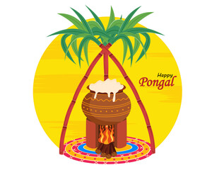 Traditional pongal celebration with rice pot, sugarcane for harvest festival vector illustrations