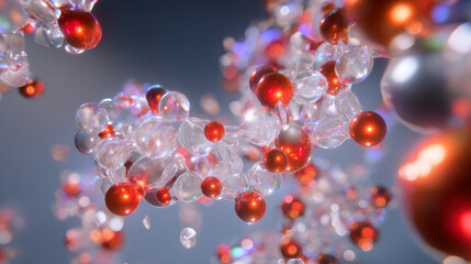Macro view of insulin molecules interacting, transparent and red spheres, scientific background
