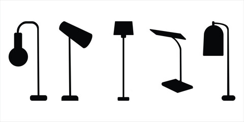 Lamp and Lighting Icon Set &ndash; Black Silhouette, Line and Filled Vector Icons of Desk, Table, Floor and Ceiling Lamps