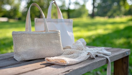 Assortment of reusable eco friendly shopping bags made from natural woven fibers resting on a wooden bench outdoors surrounded by lush green nature