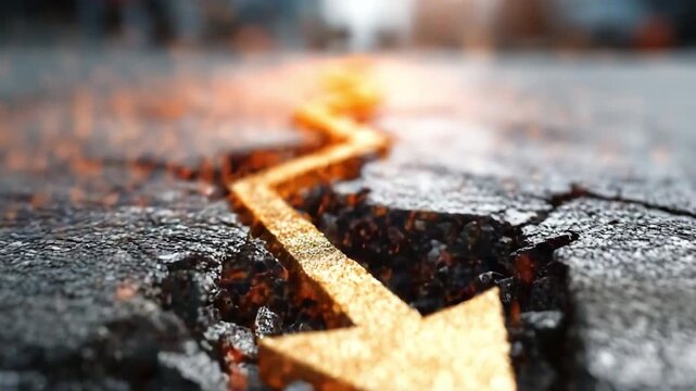The financial crisis and market collapse are symbolized by a steep fall arrow striking and shattering the concrete floor.