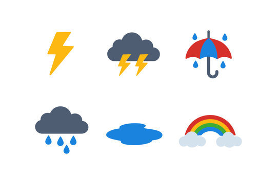 Weather icon set featuring flat design of lightning, clouds, umbrella, and rainbow