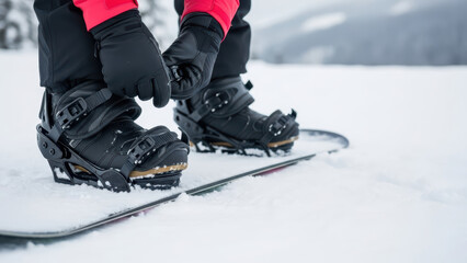 Naklejka premium Wearing snowboarding boots at a winter ski resort