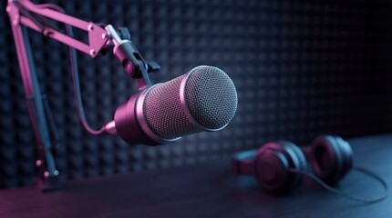 Obraz premium Professional Podcast Microphone in Neon Lit Studio Setup
