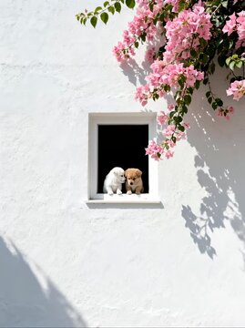White walls, windows, puppy, flowers