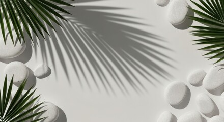 Palm leaves and white stones with soft shadow