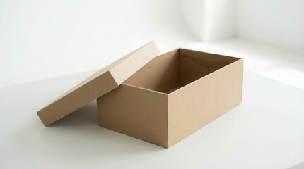 Minimal open brown cardboard shoebox on a white background