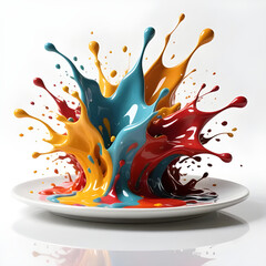 Vibrant paint splashes on a white plate in red, blue, and yellow