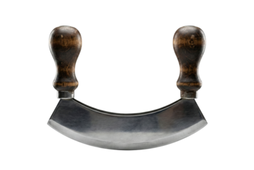 Vintage steel Mezzaluna knife with wooden handles. Traditional Italian herb chopper.