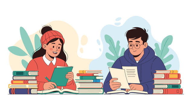 Two students studying with books and notebooks in flat vector style