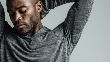Young man posing, arms behind head, looking up