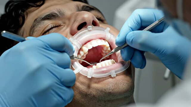 Dentist examining patient mouth closely.