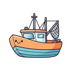 Smiling cartoon fishing boat illustration.