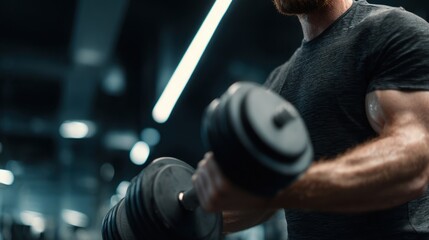 Man training biceps with heavy dumbbell in gym