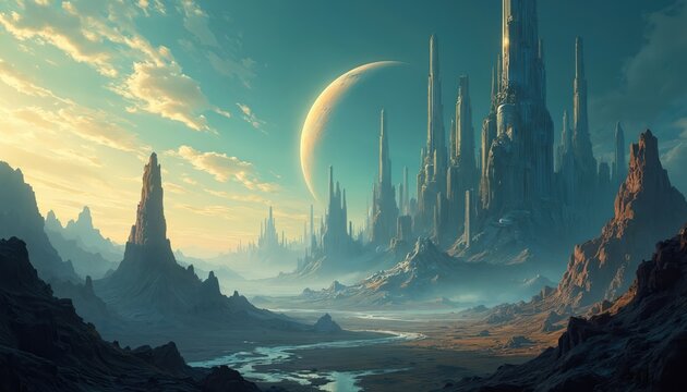 Futuristic alien planet landscape with towering spires and a large moon. A winding river flows through barren terrain under a hazy sky with scattered clouds.
