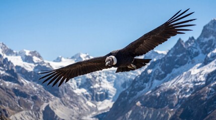Obraz premium A majestic Andean condor soars effortlessly against a backdrop of snow-capped mountains and a clear, blue sky, embodying freedom and resilience in its natural habitat. 