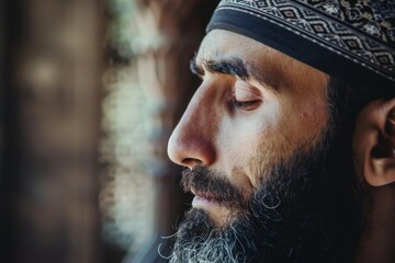 Close up portrait of a thoughtful bearded man wearing keffiyeh, meditating with closed eyes