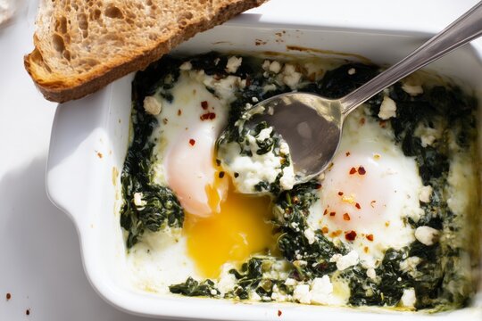 Huevos horneados con espinacas y queso feta, acompa&ntilde;ados de pan, Mockup para men&uacute; de brunch con huevos y espinacas, Comida casera de estilo r&uacute;stico para redes sociales