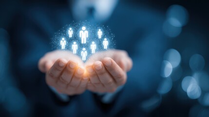 Protecting human figures with glowing hands symbolizing care and digital connection