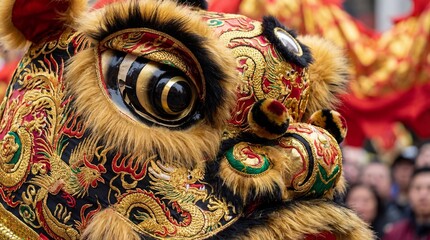 Obraz premium A captivating close-up showcases a meticulously crafted lion head, resplendent with intricate details and vibrant colors, celebrating traditional festival.