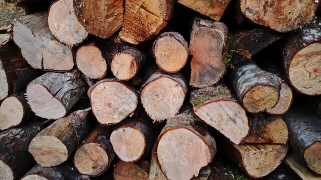 stacked firewood logs in rural yard, closeup showing cut surfaces, rough bark texture, visible growth rings, moss patches and sawn ends, earthy brown tones, seasonal preparation for winter, homestead