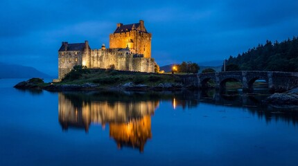 Eilean Donan Castle reflected in calm water under a twilight sky.