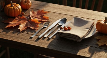 Rustic fall table setting with pumpkins, leaves