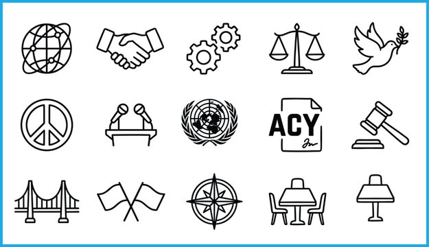Diplomacy and peace icons set, global cooperation, justice, governance, negotiation, unity, law, international relations, vector illustration for political and world affairs concepts