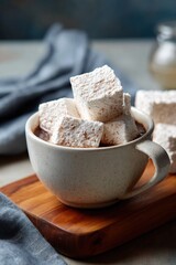 Fototapeta premium Hot chocolate with large marshmallows in speckled mug on wooden board
