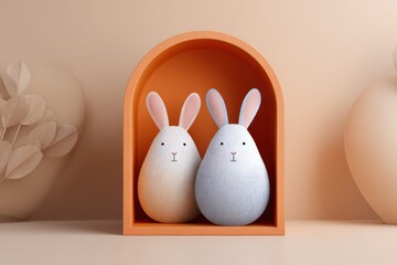 Pair of soft toy bunnies in orange arch display on pastel background