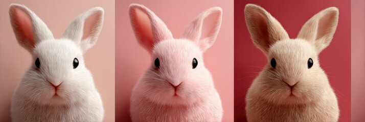Three adorable bunnies with different fur colors on pink gradient background