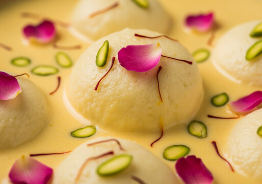 Ras Malai in Creamy Saffron Milk with Rose Petals, Pistachios, and Cardamom Garnish in Festive Close-Up
