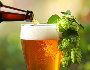 Pouring beer into glass with fresh hops