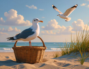 Seagull standing on picnic basket on sunny beach