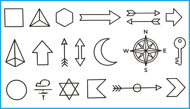 Geometric, directional, and symbolic icons set for abstract, celestial, and navigation concepts in vector illustration design