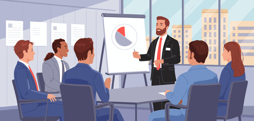 This illustration depicts a professional business meeting with a presenter illustrating a pie chart to an engaged audience, highlighting collaboration and communication in a corporate setting.