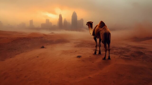 Drought natural disaster. A desert landscape with a camel in the foreground and a city skyline in the background. The camel is the main subject of the image, with its long, slender body and thick.