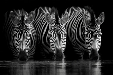 Three zebras at a water source during the night in black and white